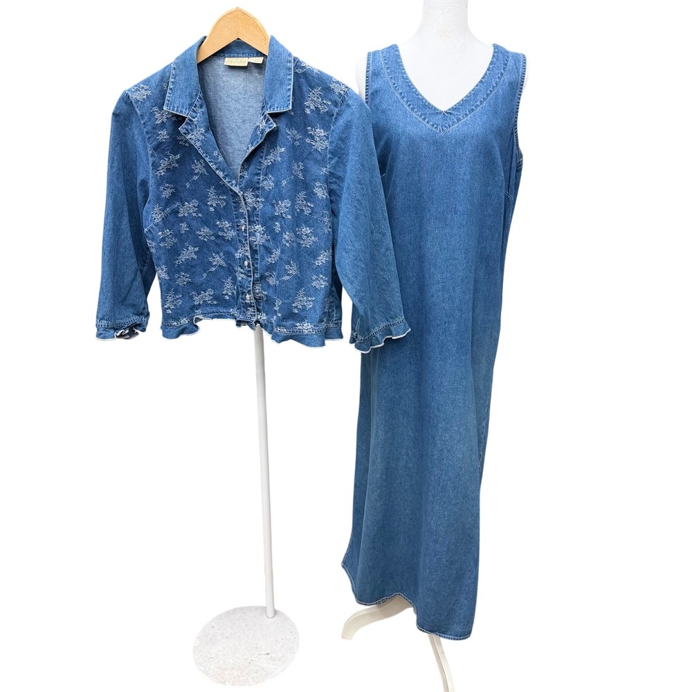 Vintage Denim Maxi Dress Jacket Coord Set Sz 14 Cotton Boho‎ Cottagecore 90s